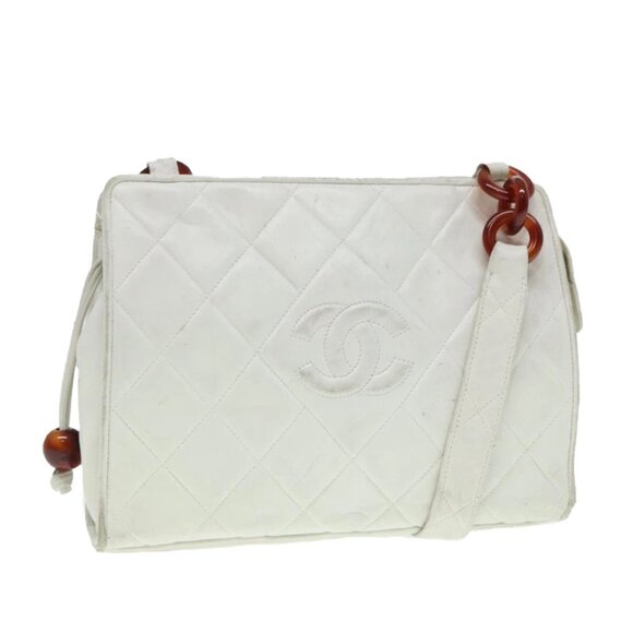 CHANEL Matelasse Shoulder Bag Lamb Skin White Gold CC Auth bs17156 - Picture 1 of 15